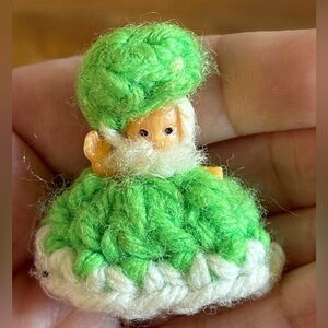 Vintage Handmade Gnome Baby Mini Doll 1970s Crocheted Green Dress Hat